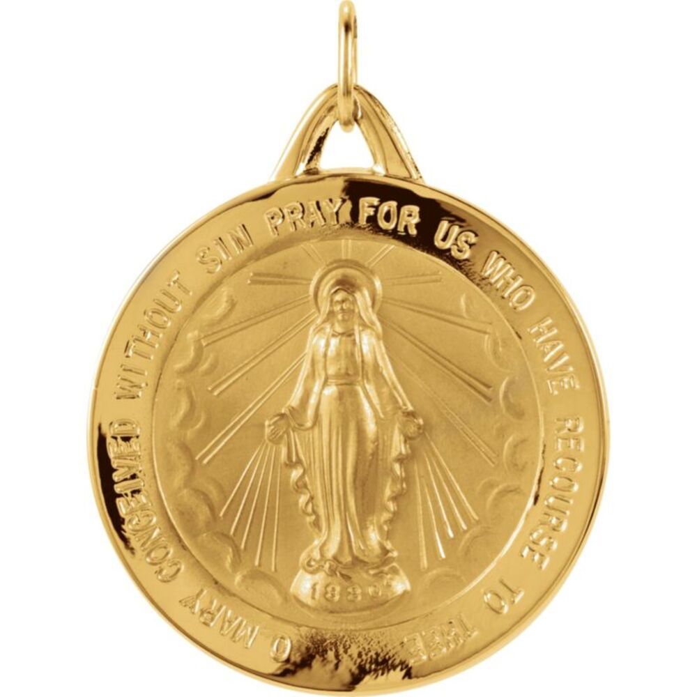 14k Yellow Gold Round Miraculous Medal Pendant, 25mm (1 Inch)